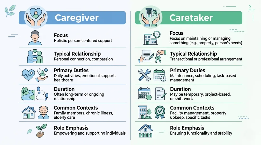 Caregiver vs caretaker comparison infographic showing key differences in focus, duties, relationships, and caregiving roles side by side