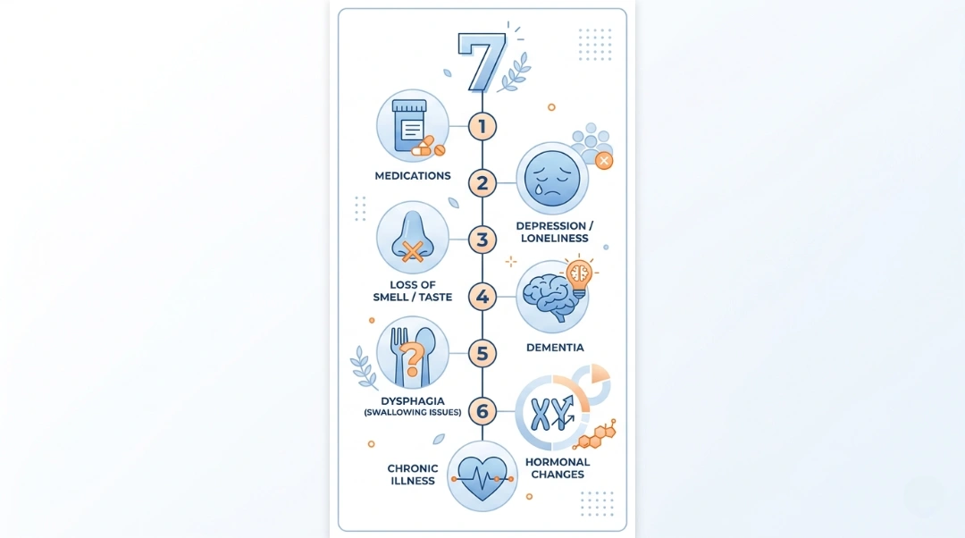 Infographic showing 7 common causes of loss of appetite in elderly adults including medications, depression, dementia, dysphagia, hormonal changes, and chronic illness