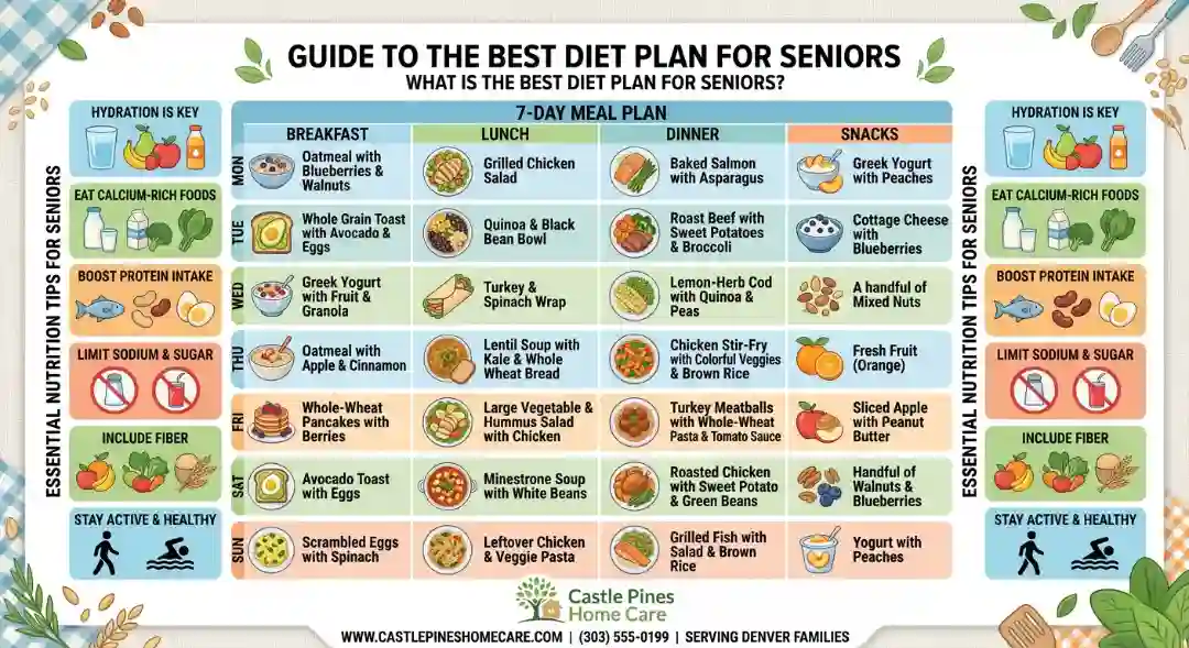7-day sample meal plan for seniors infographic by Castle Pines Home Care showing daily breakfast, lunch, dinner, and snacks for healthy aging
