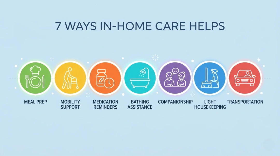 Minimalist infographic on a light blue background, illustrating "7 Ways In-Home Care Helps" through stylized, colorful icons and text labels, demonstrating how home care supports seniors' independence.
