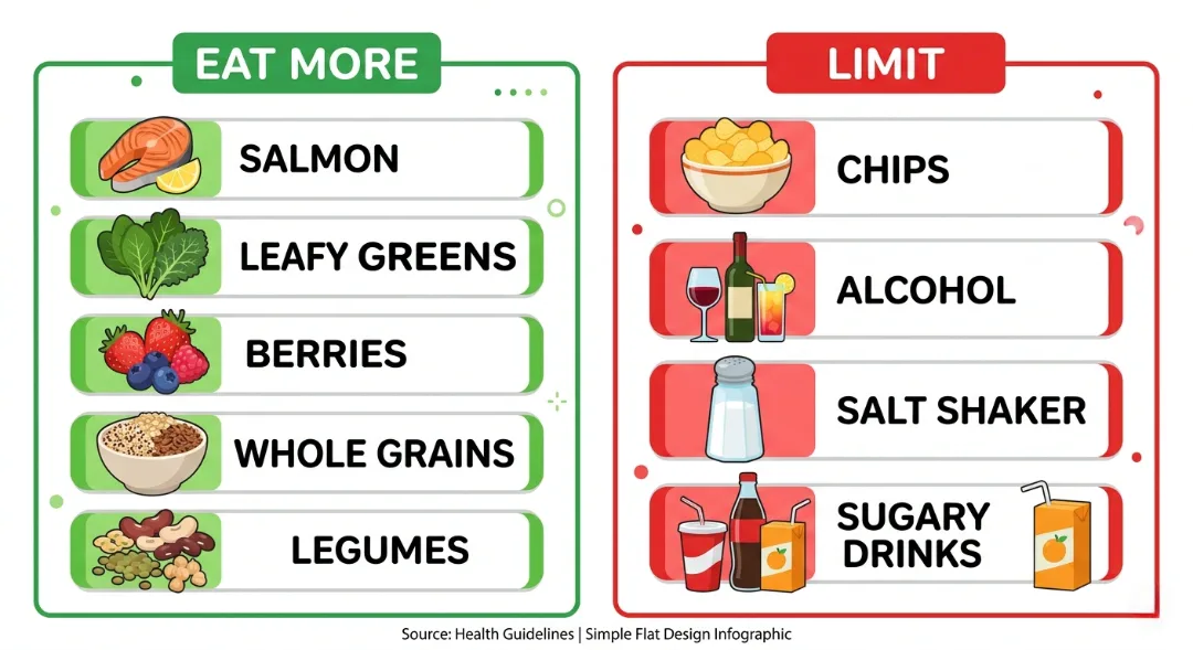 Infographic showing best foods for seniors to eat like salmon, leafy greens, berries, and whole grains versus foods to limit like chips, alcohol, and sugary drinks