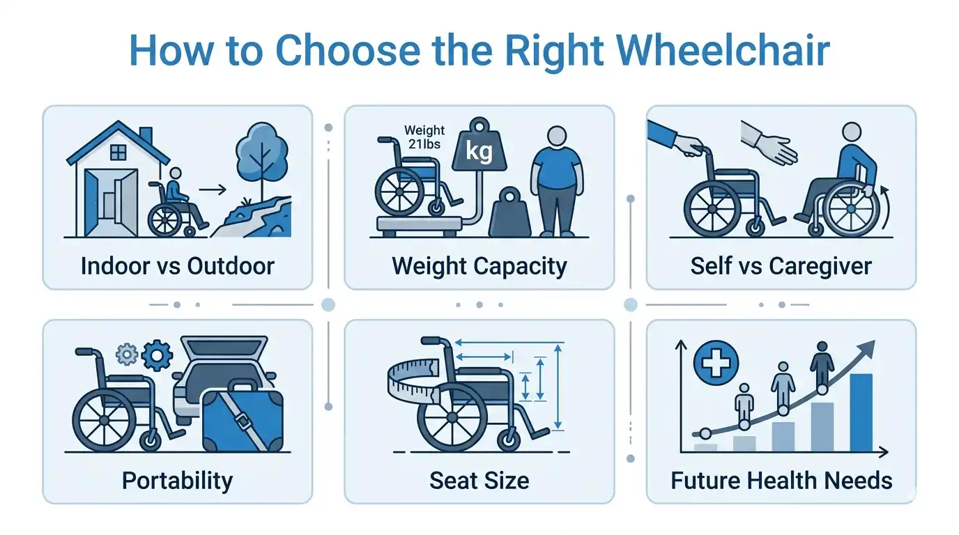 Infographic showing 6 key factors for choosing a wheelchair for an elderly person indoor vs outdoor, weight capacity, seat size, portability, caregiver use, and future health needs