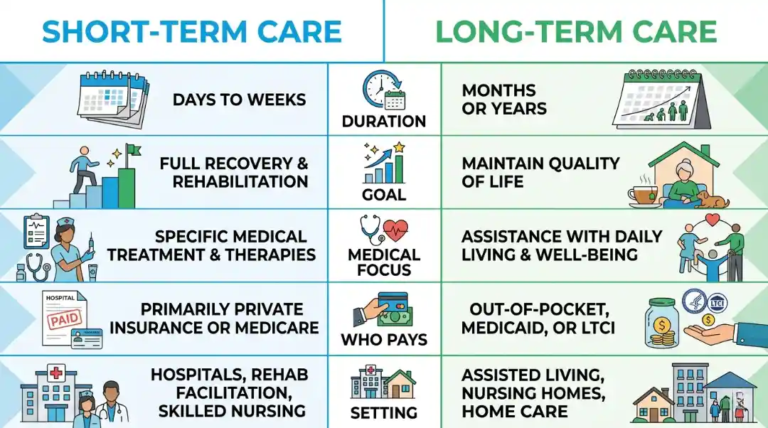 Short term care vs long term care comparison infographic showing differences in duration, goal, medical focus, payment, and care setting