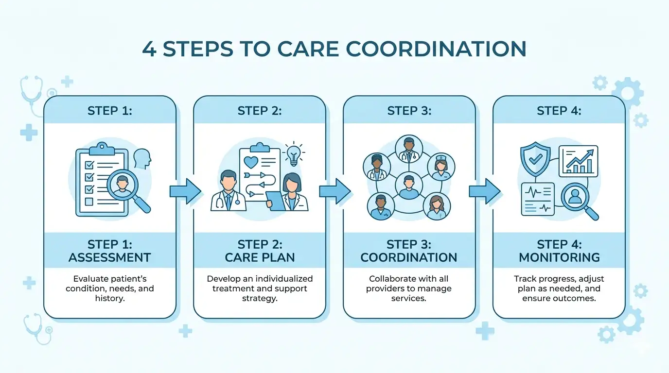 How does transitional care for seniors work — a 4-step care coordination infographic showing assessment, care plan, coordination, and monitoring
