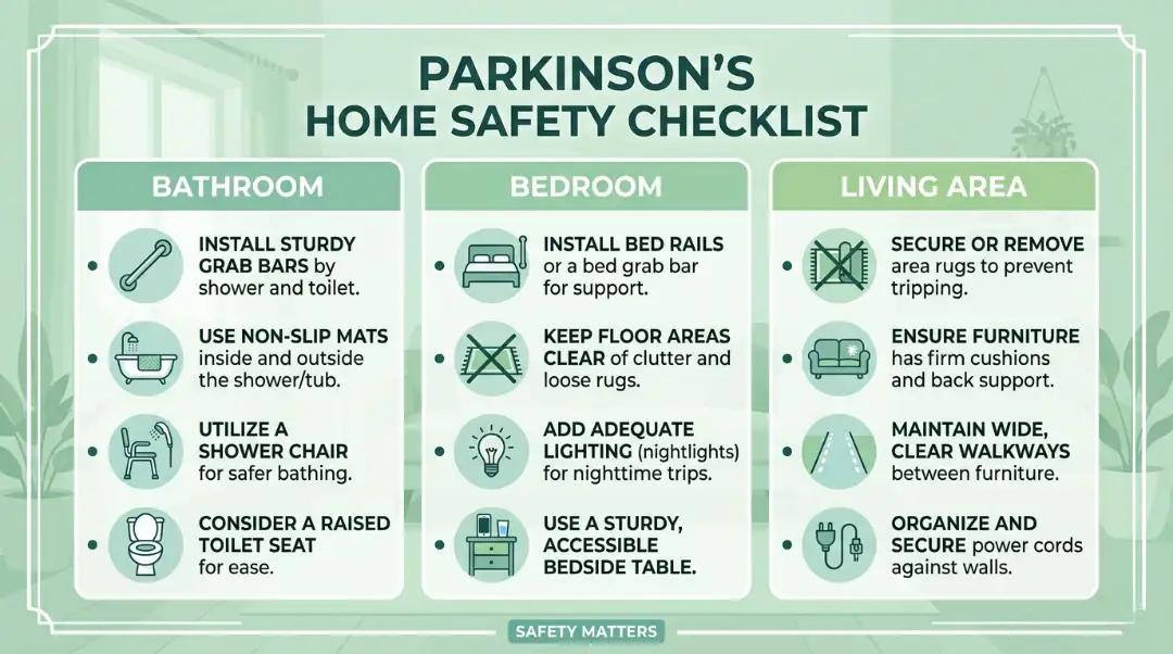 A Parkinson's home safety checklist infographic covering bathroom, bedroom, and living area modifications including grab bars, non-slip mats, bed rails, and clear walkways for fall prevention.