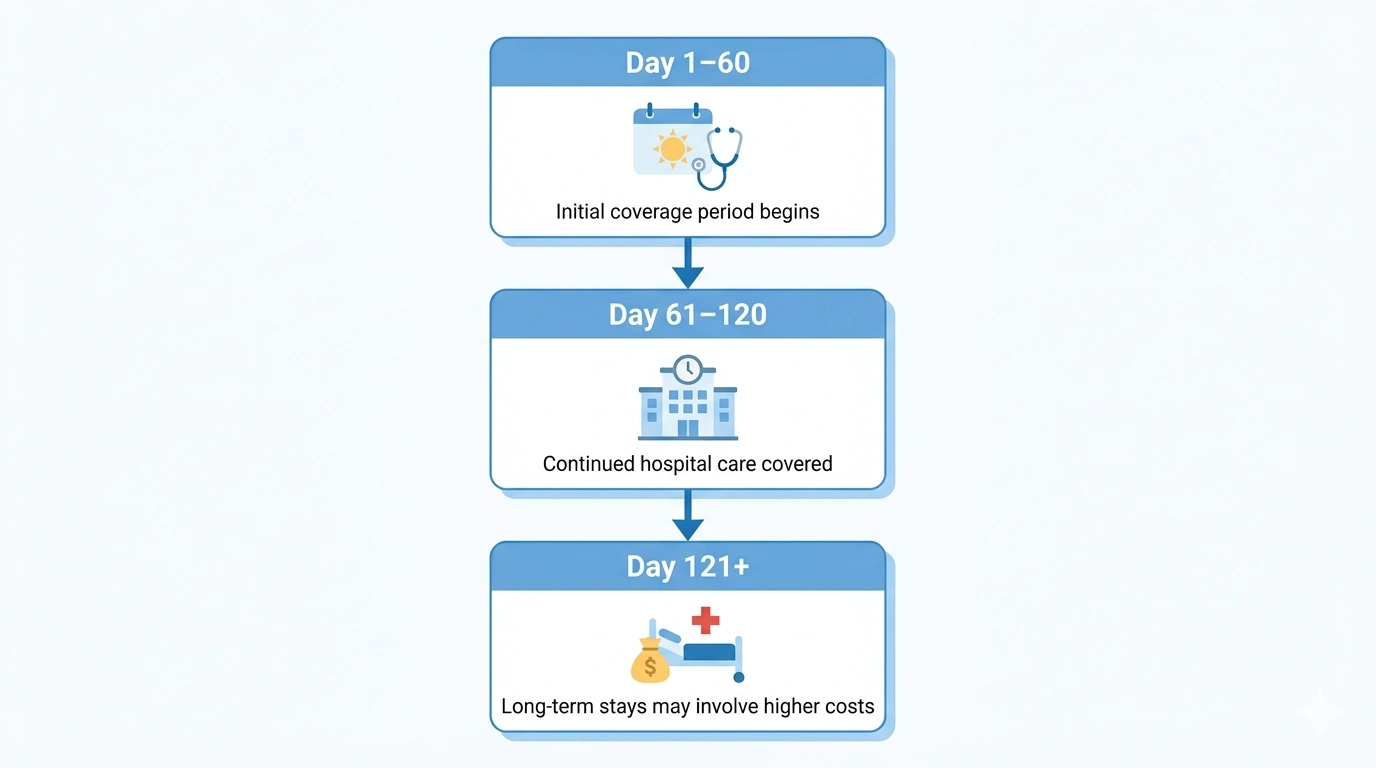 Medicare home health benefit periods timeline showing Day 1–60 initial coverage, Day 61–120 continued care, and Day 121+ long-term costs — illustrating how long will Medicare pay for home health care.