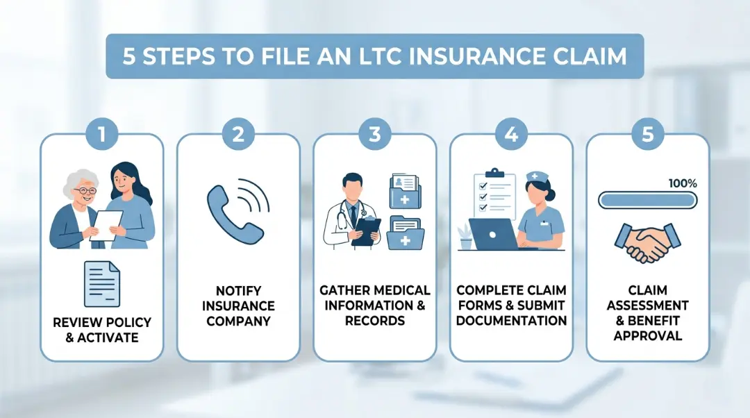 5 steps to file an LTC insurance claim for in-home care — review policy, notify insurance company, gather medical records, submit claim forms, and get benefit approval