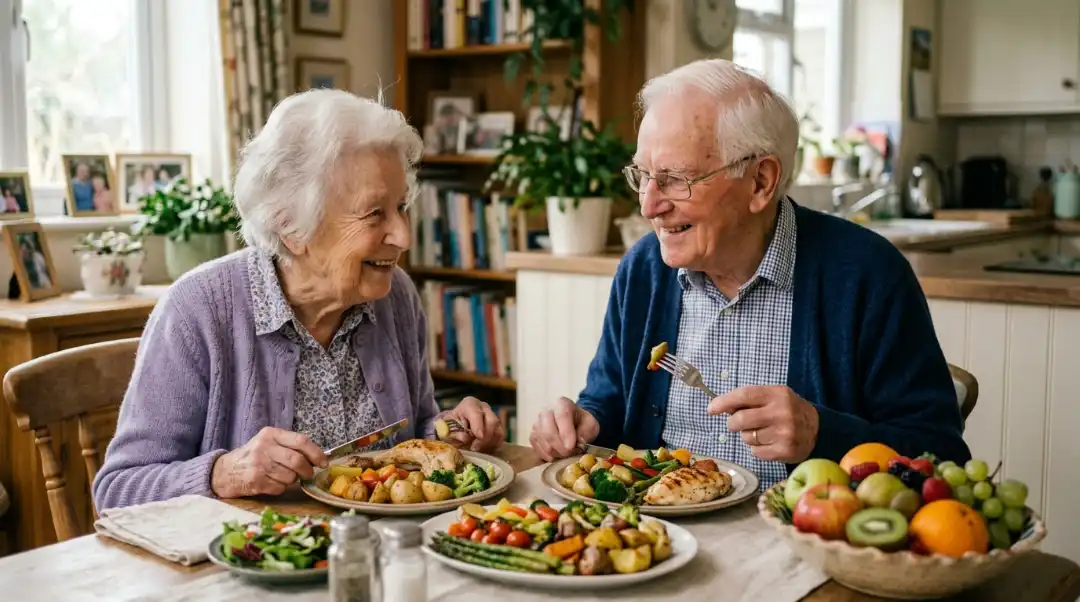 Elderly couple smiling and enjoying a colorful nutritious meal together at home  practical ways to increase appetite in the elderly through social dining