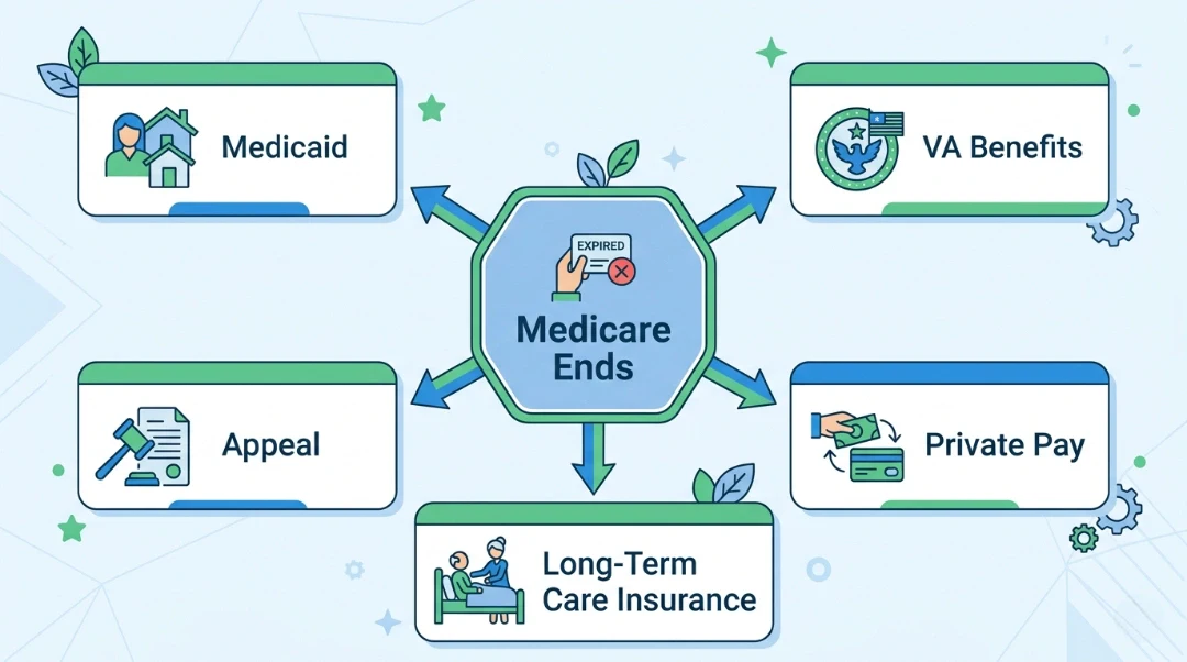 infographic showing five options when Medicare home health coverage ends  Medicaid, VA Benefits, Appeal, Private Pay, and Long-Term Care Insurance — helping families understand what to do after how long will Medicare pay for home health care runs out.