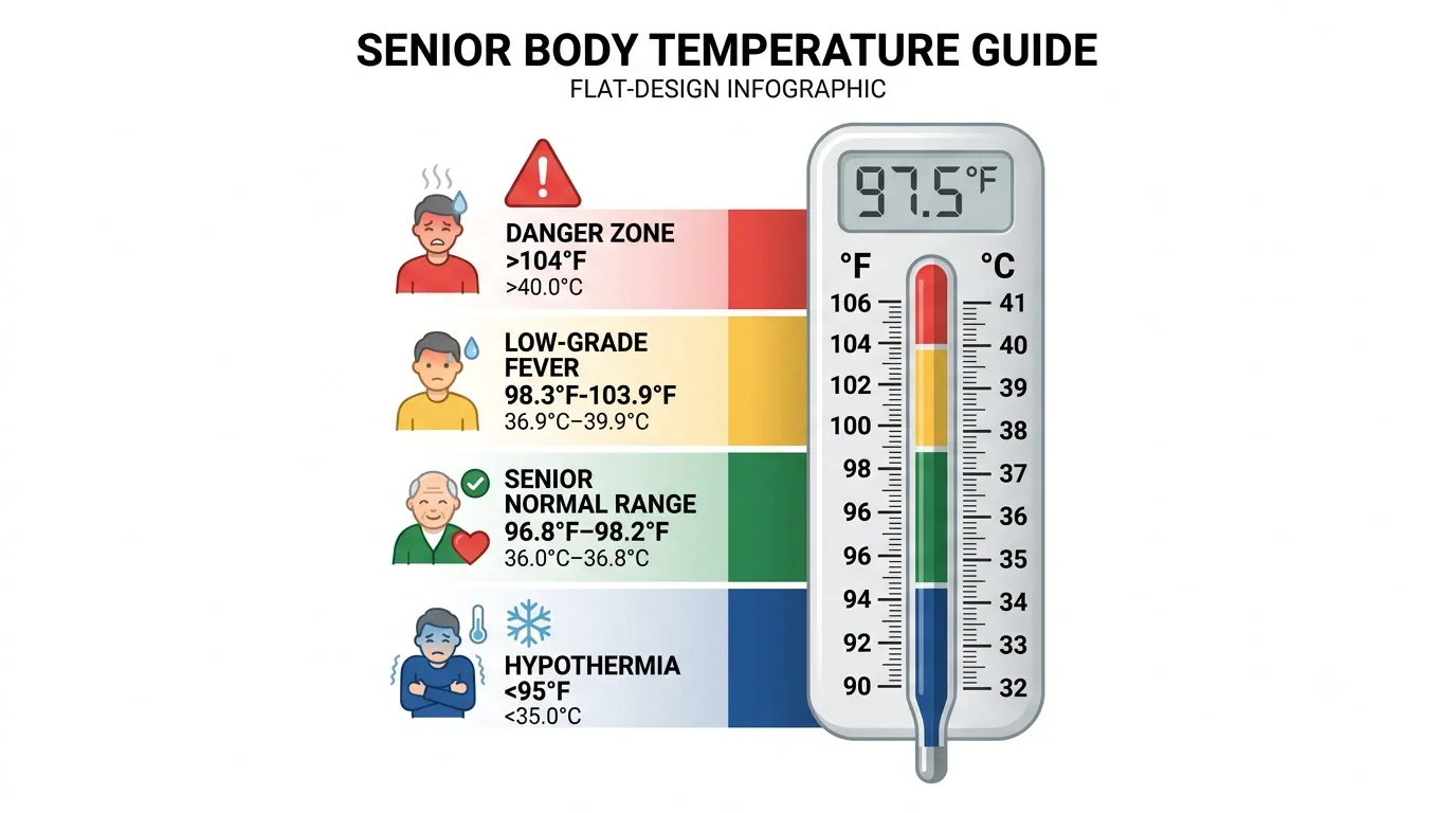 Senior body temperature guide infographic showing normal range 96.8°F–98.2°F, low-grade fever, danger zone, and hypothermia thresholds in °F and °C