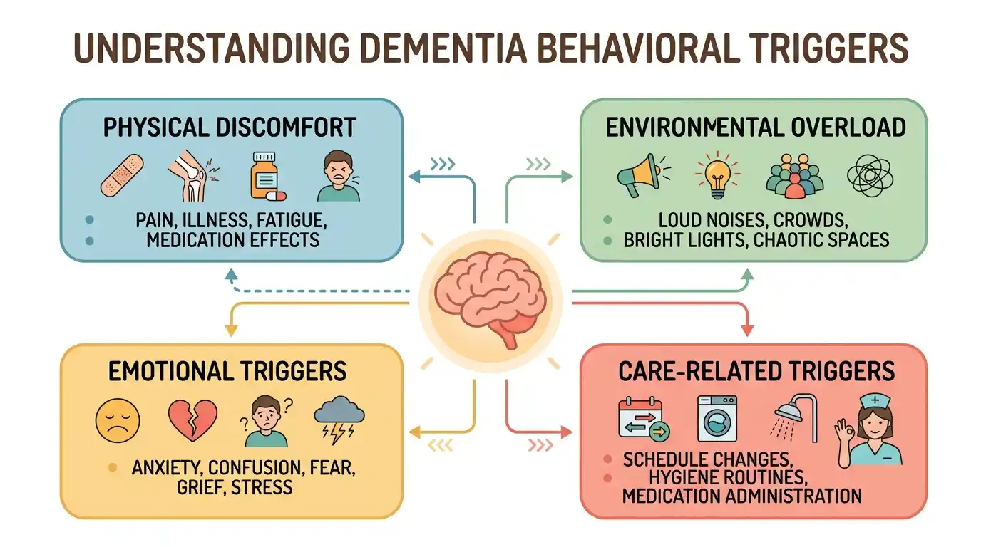 Understanding dementia behavioral triggers infographic showing four main causes of anger in dementia patients including physical discomfort, environmental overload, emotional triggers, and care-related triggers connected to a central brain icon