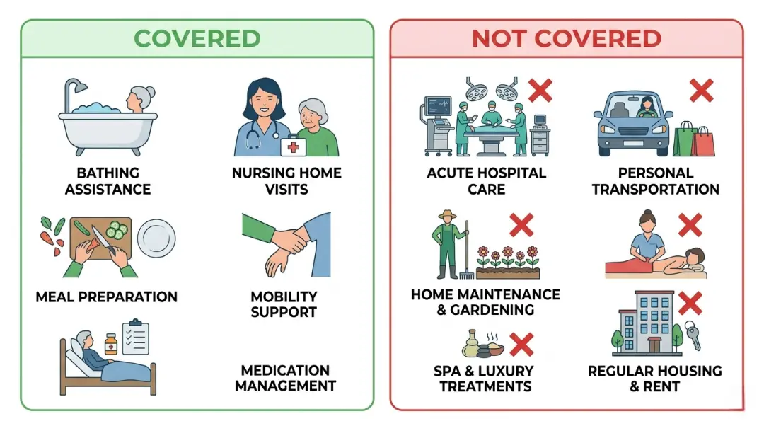 Infographic showing what long-term care insurance covers for in-home care — including bathing assistance, nursing visits, meal preparation, mobility support, and medication management versus non-covered services like hospital care and personal transportation