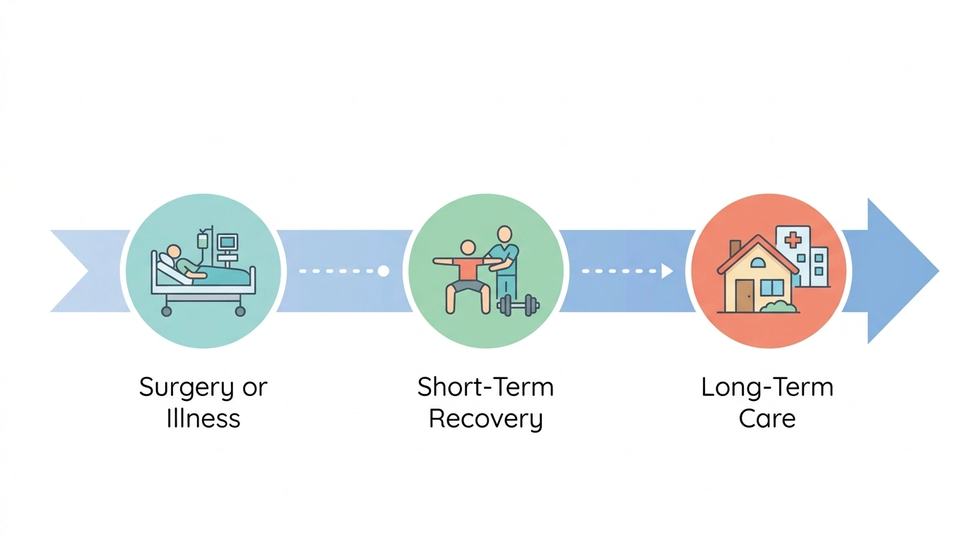 Timeline showing when short term care transitions to long term care  from surgery or illness through short-term recovery to ongoing long-term care placement