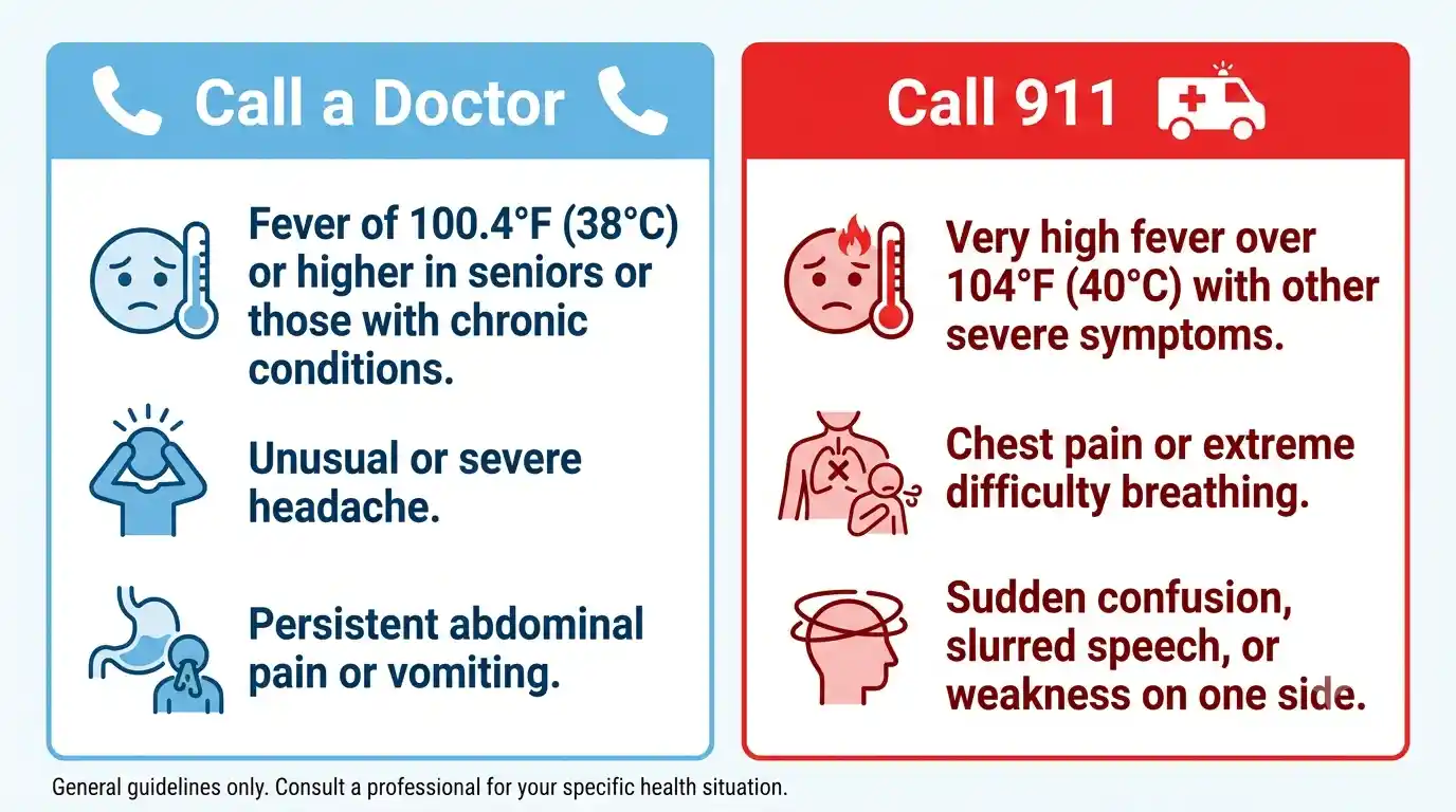 Infographic showing when to call a doctor versus call 911 for seniors with fever above 100.4°F, high temperature over 104°F, confusion, chest pain, and difficulty breathing