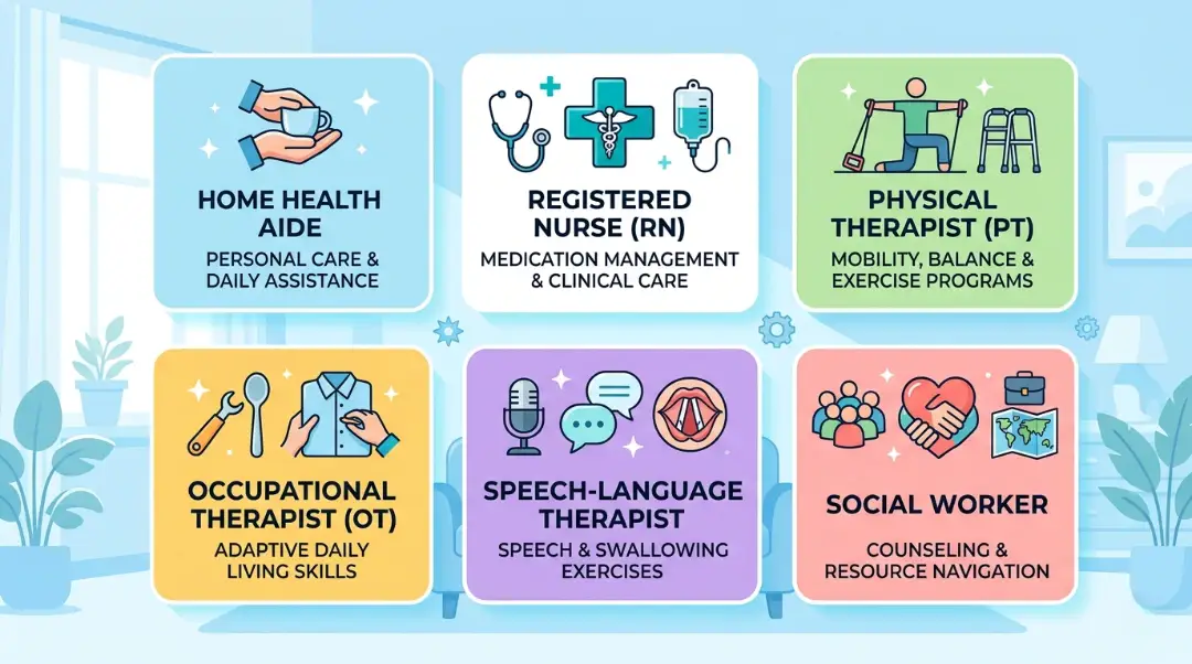 An infographic showing six Parkinson's home care team members home health aide, registered nurse, physical therapist, occupational therapist, speech-language therapist, and social worker.