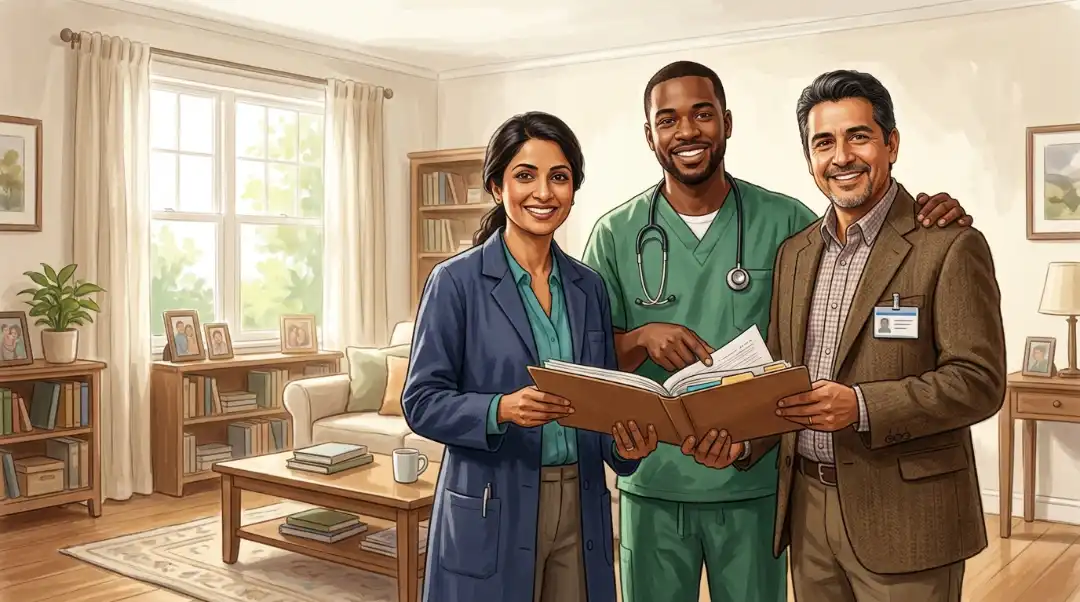 Who provides transitional care for seniors  a doctor, nurse, and social worker holding a care plan folder together in a home setting