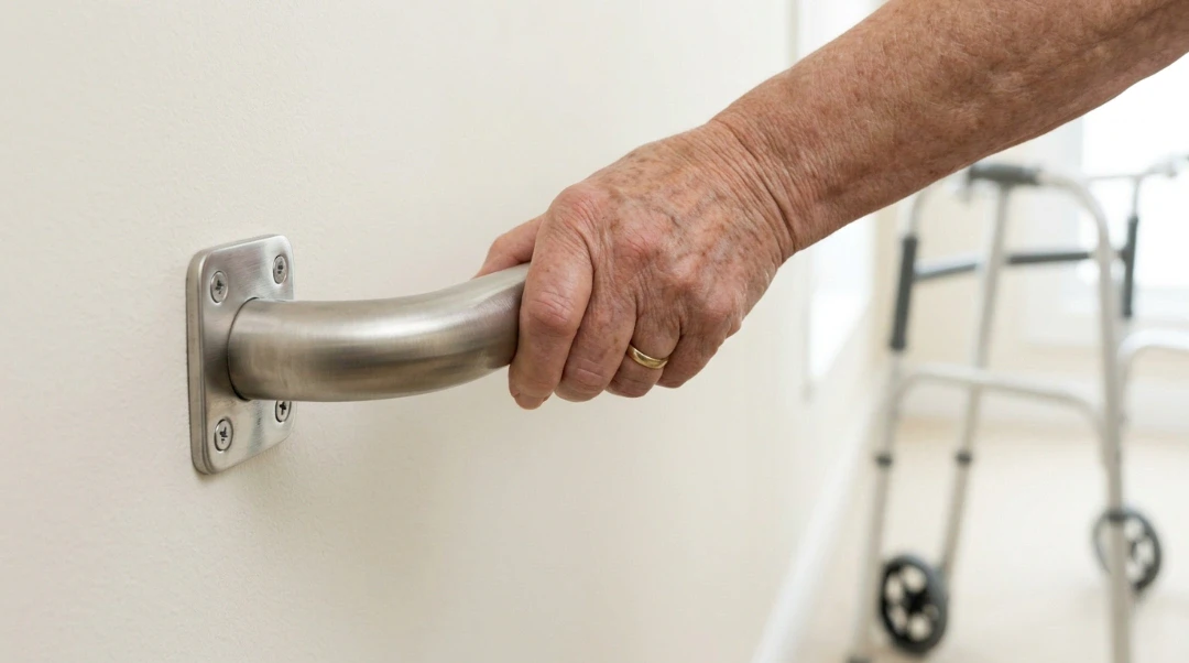 Close-up shot of an older adult's hand firmly holding a brushed stainless steel safety grab bar on a wall, with a walker frame sitting in the soft-focus background, highlighting senior home modification.