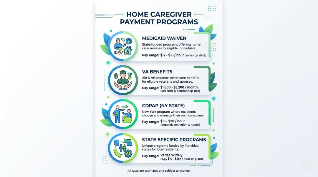 Infographic showing home caregiver payment programs including Medicaid waiver, VA benefits, CDPAP, and state-specific programs with hourly pay ranges for family caregivers