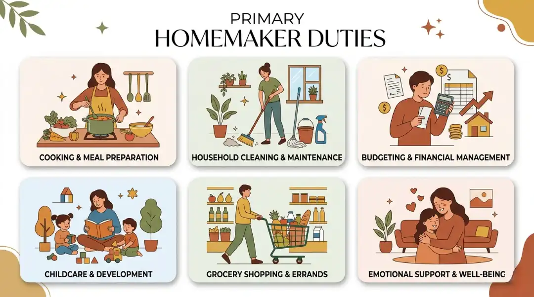 Infographic showing primary homemaker duties including cooking, cleaning, budgeting, childcare, grocery shopping, and emotional support