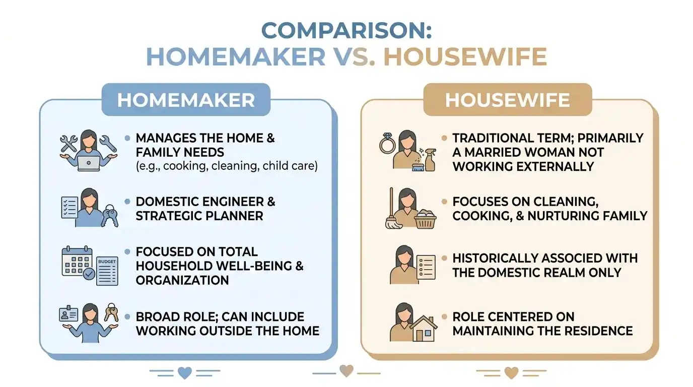 Comparison infographic showing homemaker vs housewife differences homemaker manages total household well-being while housewife is a traditional married woman role