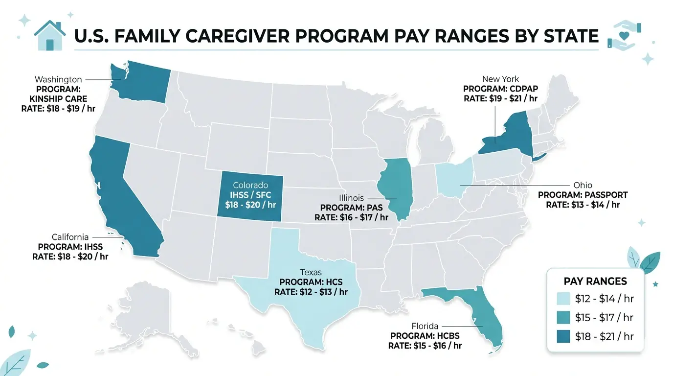 U.S. map infographic showing family caregiver program pay ranges by state IHSS California, CDPAP New York, HCBS Florida, and Kinship Care Washington with hourly rates from $12 to $21