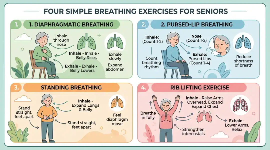 How to improve breathing for seniors with diaphragmatic, pursed-lip, standing, and rib lifting exercises infographic