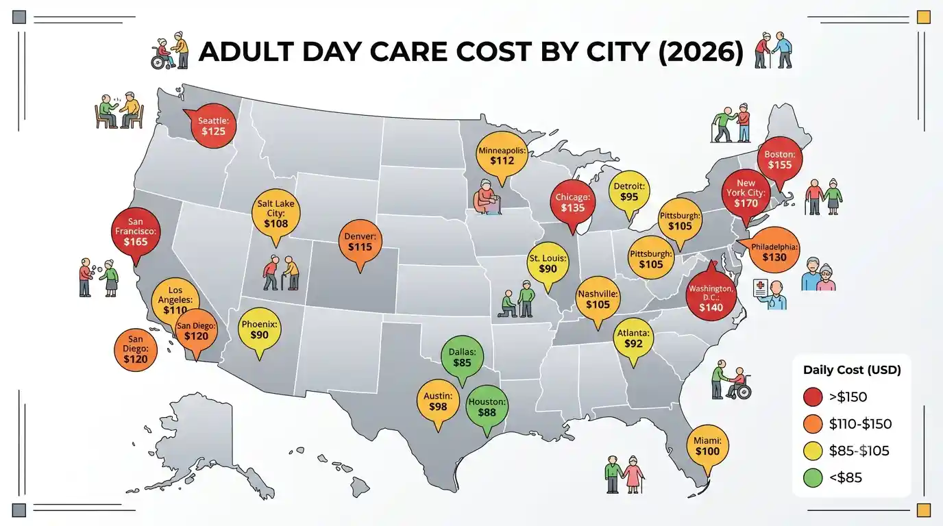 Infographic showing adult day care cost by city across the U.S. in 2026, with daily rates ranging from $85 to $170 for senior day care programs