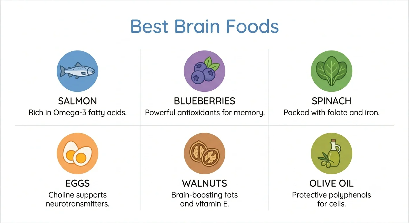 Best brain foods infographic showing salmon, blueberries, spinach, eggs, walnuts, and olive oil for memory and cognitive health
