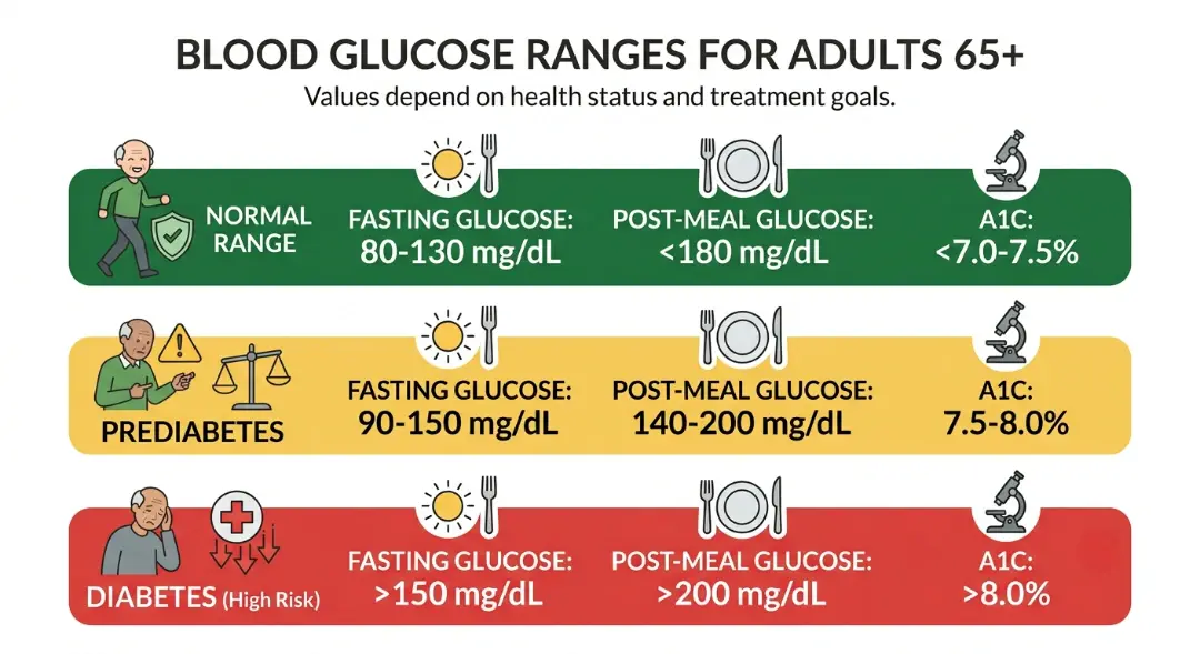 Blood glucose ranges infographic for adults 65 plus showing normal prediabetes and diabetes fasting post-meal and A1C levels