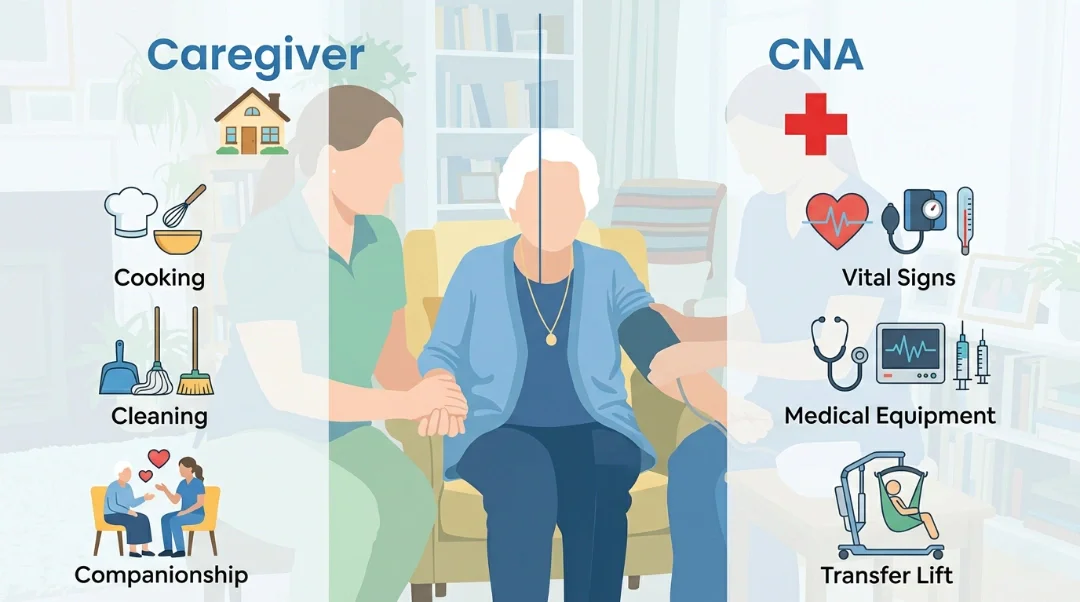 A flat vector infographic illustrating the visual difference between a caregiver and a cna in home care. The left side highlights non-medical caregiving tasks like cooking, cleaning, and companionship. The right side shows certified nursing assistant responsibilities including vital signs, medical equipment, and mechanical transfer lifts.