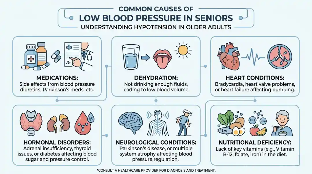 Infographic showing 6 common causes of low blood pressure in seniors including medications, dehydration, heart conditions, hormonal disorders, neurological conditions, and nutritional deficiency