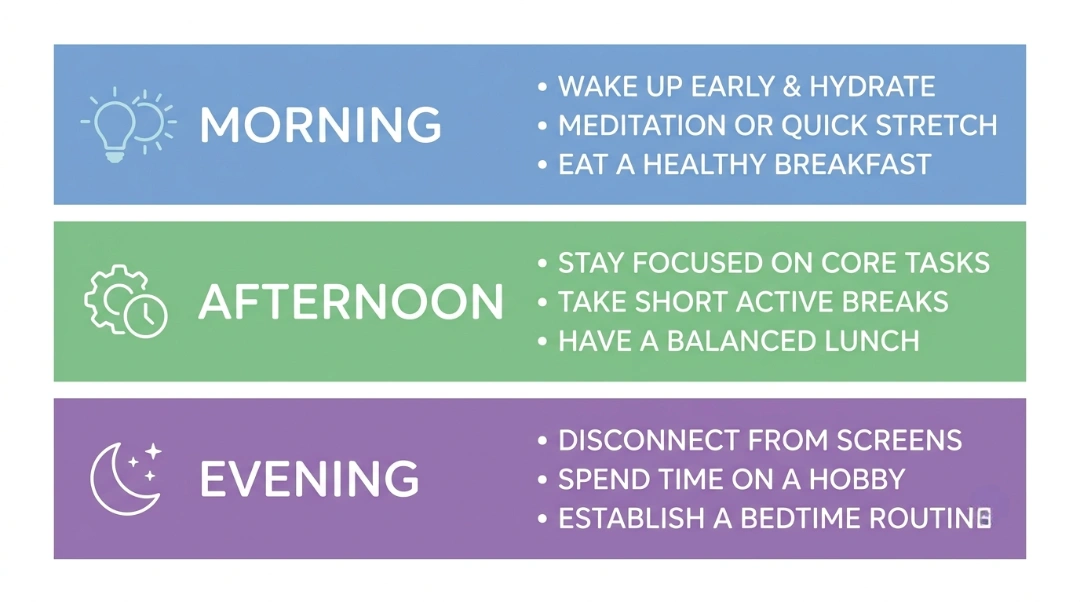 Daily brain health routine infographic showing morning, afternoon, and evening habits for cognitive health and mental fitness