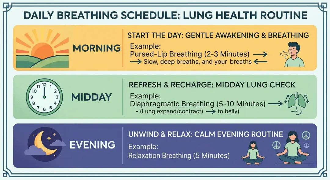 Daily breathing routine for seniors infographic with morning, midday, and evening lung health schedule