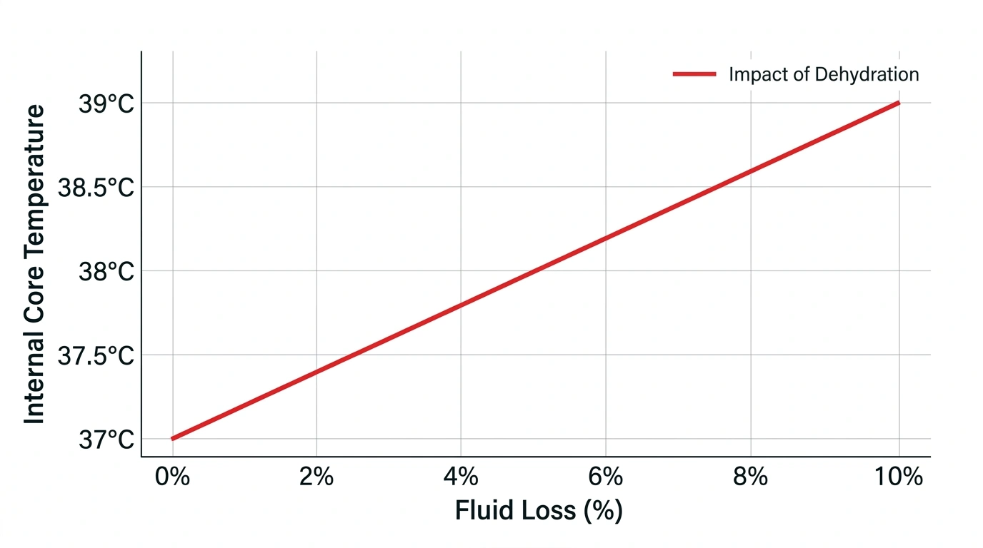 A line graph illustrating the impact of dehydration on the human body, showing how internal core temperature rises as fluid loss increases.