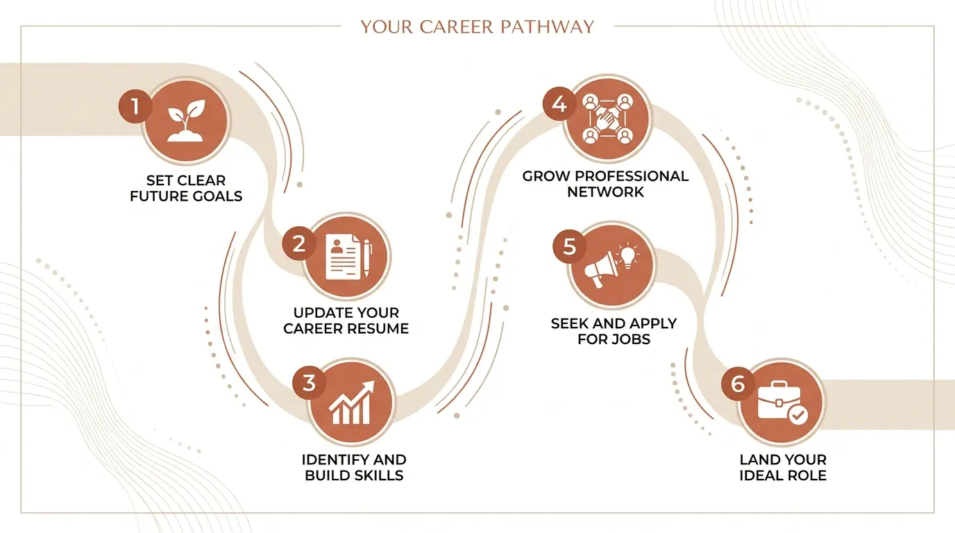 6-step career pathway infographic for a displaced homemaker — set goals, update resume, build skills, grow professional network, apply for jobs, and land an ideal role