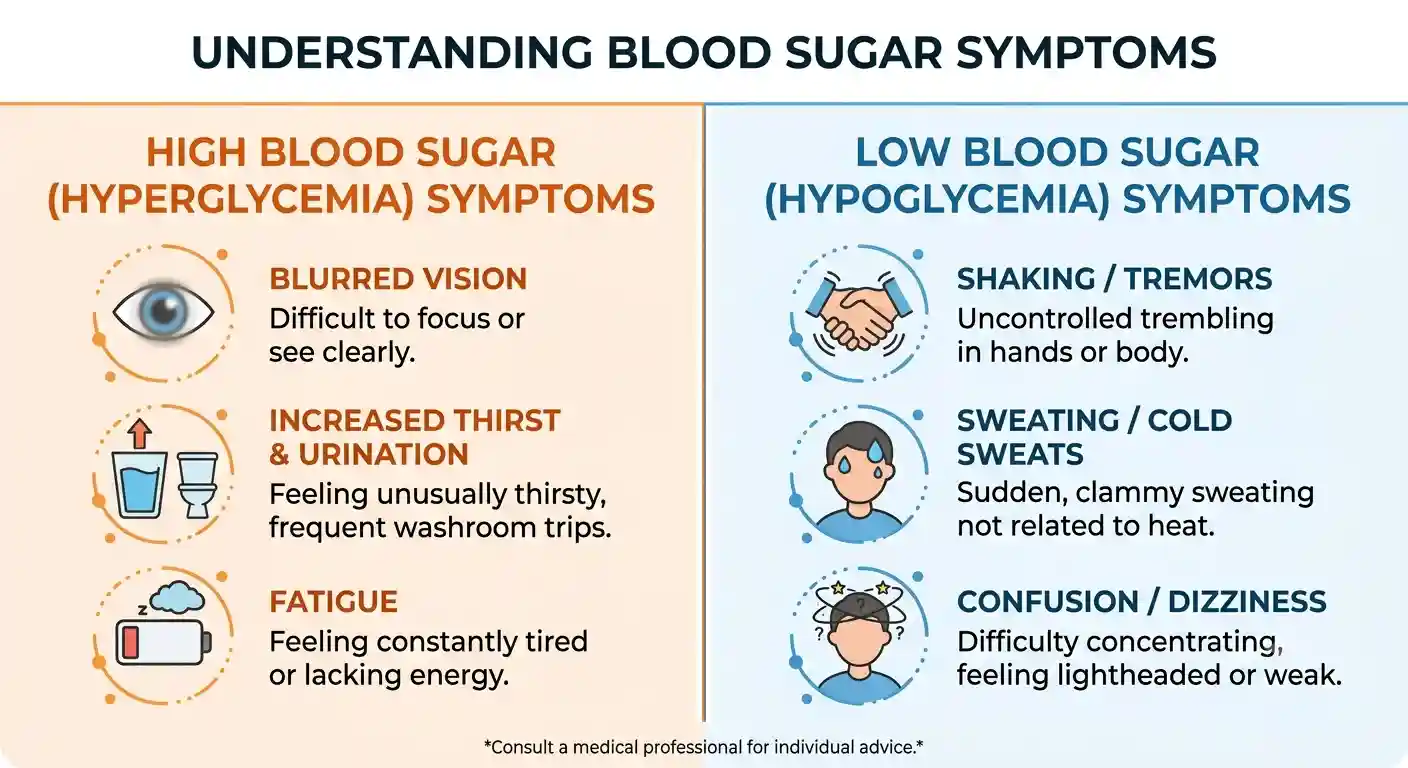 Infographic showing high blood sugar hyperglycemia and low blood sugar hypoglycemia symptoms in seniors including blurred vision shaking and confusion