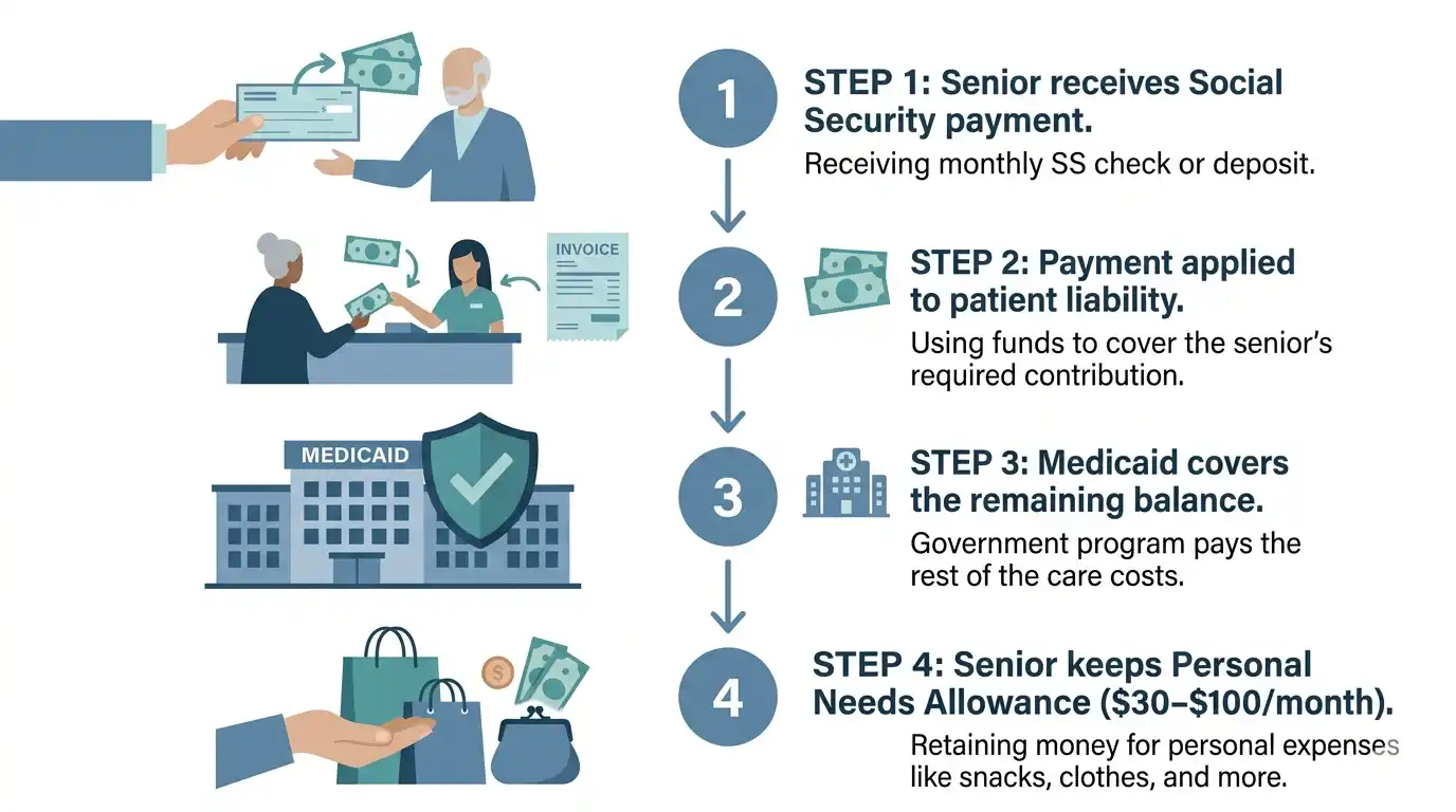 4-step flowchart showing how Social Security and Medicaid work together for nursing home care — senior receives SS payment, applies it to patient liability, Medicaid covers the balance, senior keeps Personal Needs Allowance of $30–$100 per month