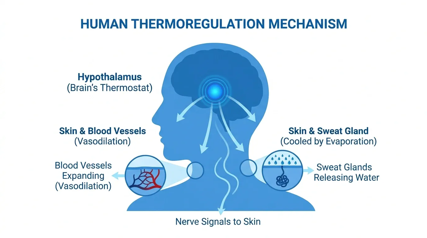 A medical infographic diagram showing the human thermoregulation mechanism and how water regulates body temperature through sweat glands and blood vessel vasodilation.