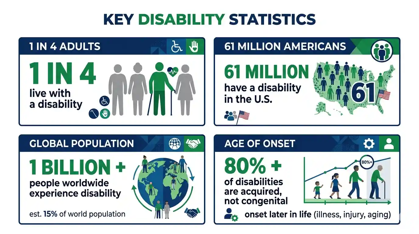 Key disability statistics infographic showing 1 in 4 adults live with a disability, 61 million Americans, 1 billion people worldwide, and 80% of disabilities are acquired later in life