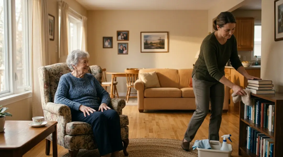 A caregiver providing light housekeeping support by dusting a bookshelf while an elderly woman sits comfortably in a clean organized home living room 