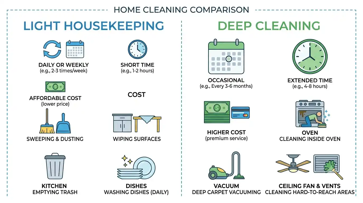 Infographic comparing light housekeeping vs deep cleaning showing frequency, time, cost, sweeping, wiping surfaces, carpet vacuuming, and cleaning hard-to-reach areas