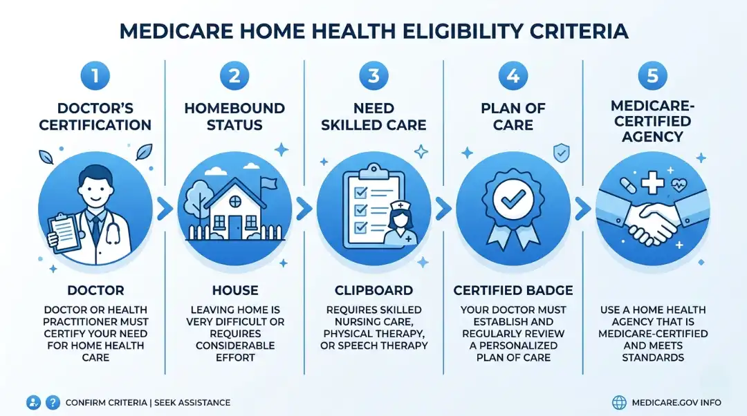 Infographic showing 5 Medicare home health eligibility criteria including doctor's certification, homebound status, skilled care, plan of care, and Medicare-certified agency