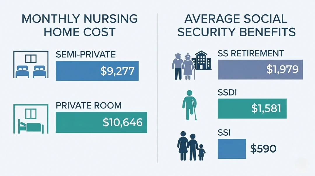 Infographic comparing monthly nursing home costs — $9,277 semi-private and $10,646 private room — versus average Social Security benefits including SS Retirement $1,979, SSDI $1,581, and SSI $590