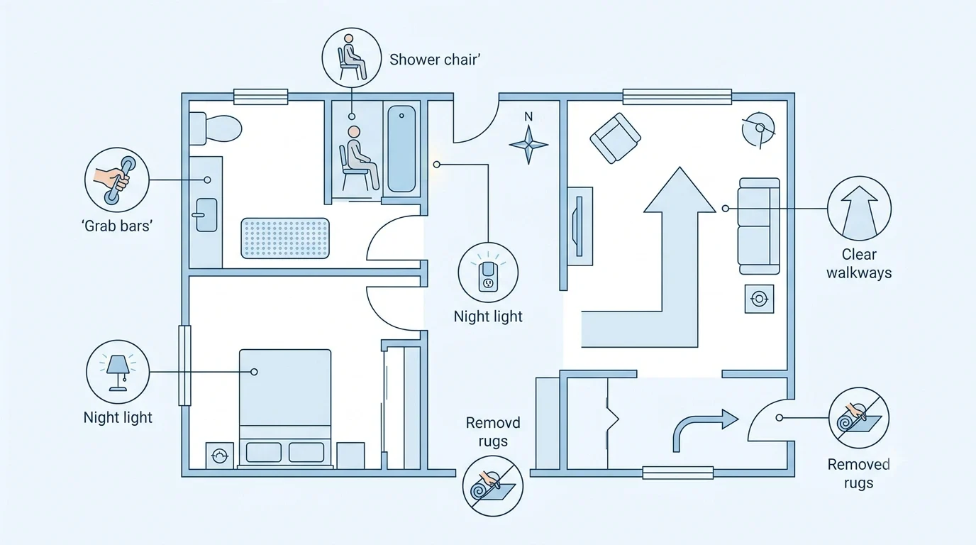 Infographic showing how to care for parkinson's patients at home with grab bars, night lights, shower chair, and clear walkways for fall prevention