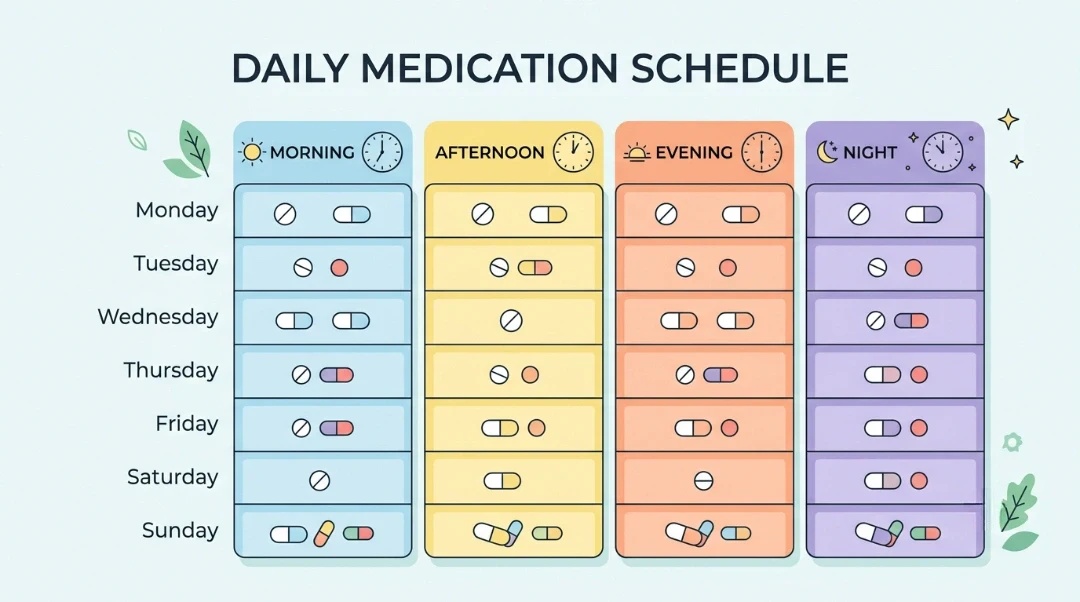 Weekly medication schedule infographic showing how to care for parkinson's patients at home with color-coded pill organizer for morning, afternoon, evening, and night doses
