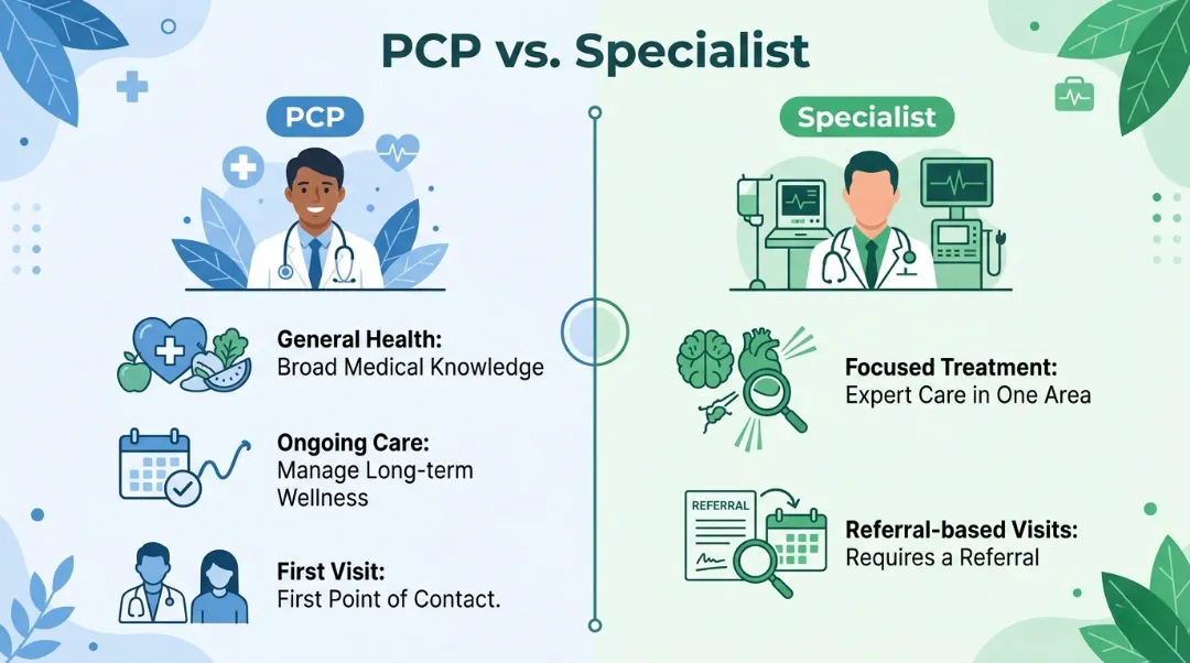Infographic comparing PCP vs specialist, showing a primary care physician handles general health, ongoing care, and first contact, while a specialist provides focused treatment and referral-based visits.