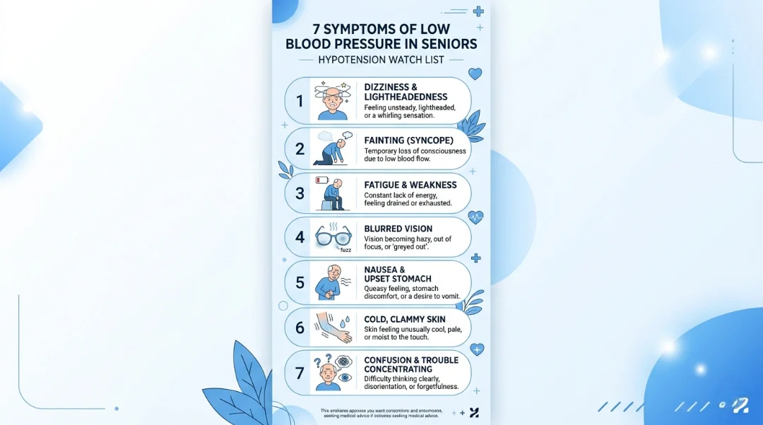 Infographic listing 7 symptoms of low blood pressure in seniors including dizziness, fainting, fatigue, blurred vision, nausea, cold clammy skin, and confusion
