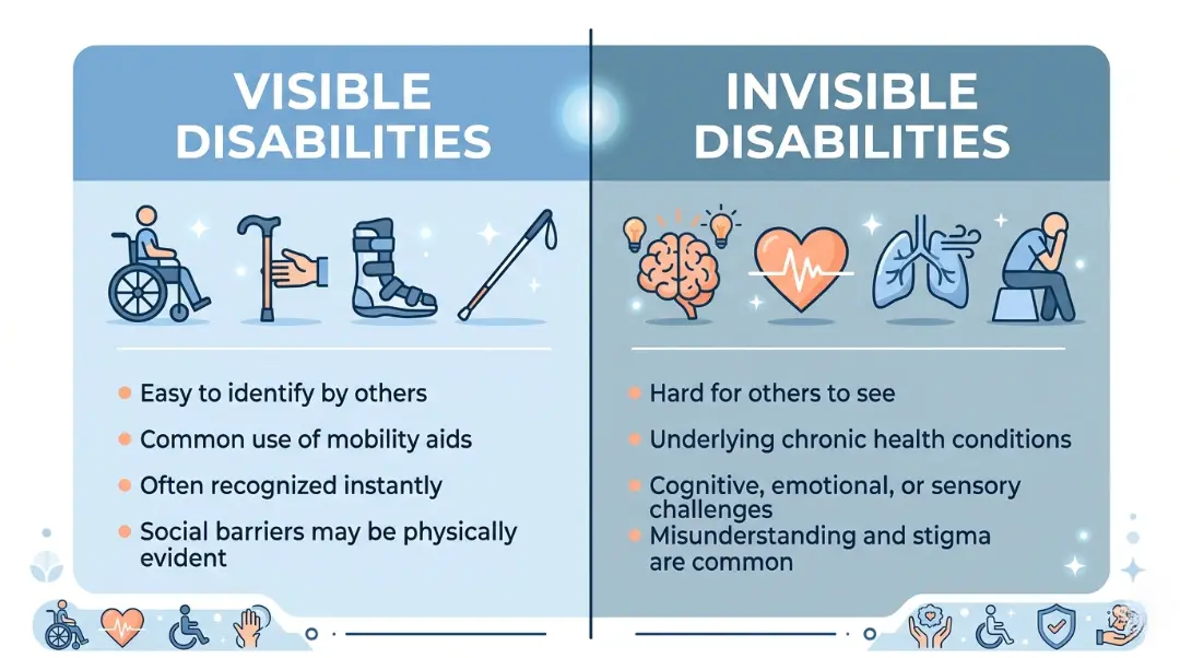 Infographic comparing visible vs. invisible disabilities — mobility aids and physical impairments on the left, cognitive, sensory, and chronic health conditions on the right