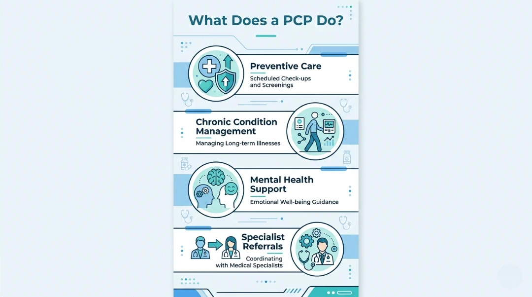  Infographic showing what a primary care physician does, covering preventive care, chronic condition management, mental health support, and specialist referrals. 