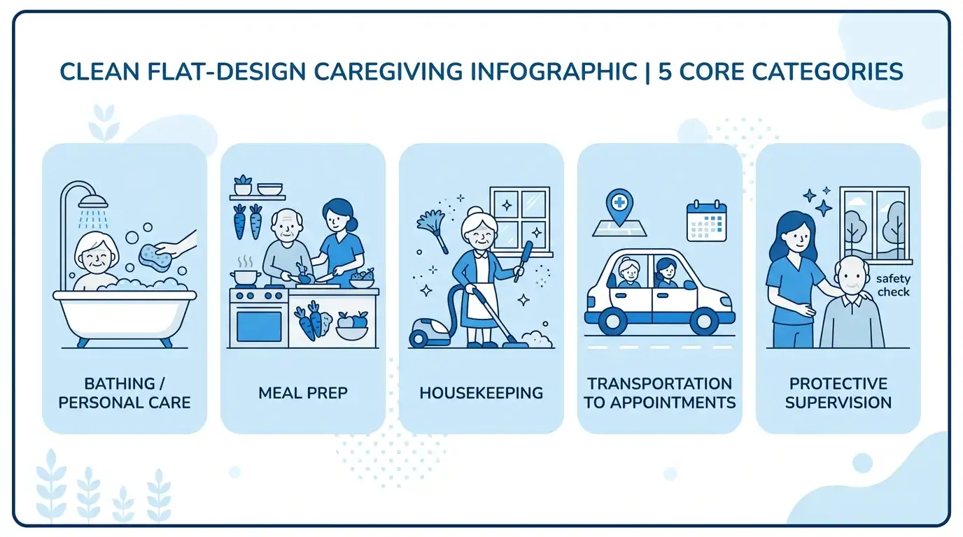 What is IHSS infographic showing 5 covered services including personal care, meal prep, housekeeping, transportation, and protective supervision